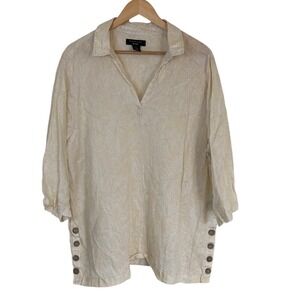 Tahari Women Linen Tunic Blouse Size 2X Cream Yellow Button-Detail Coastal 3/4 S